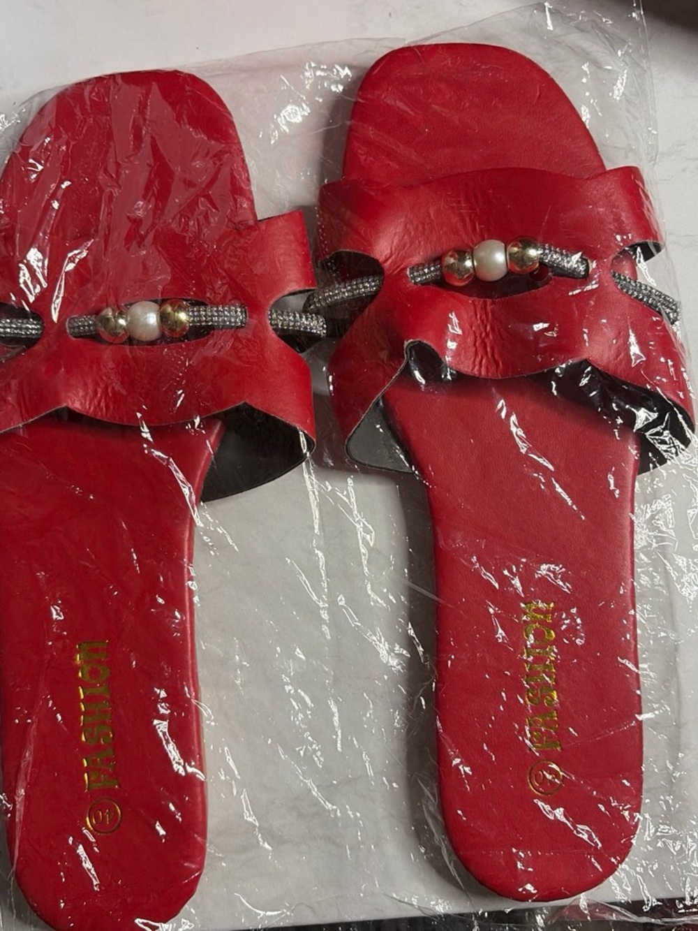Red Beaded Slide Sandals for Women